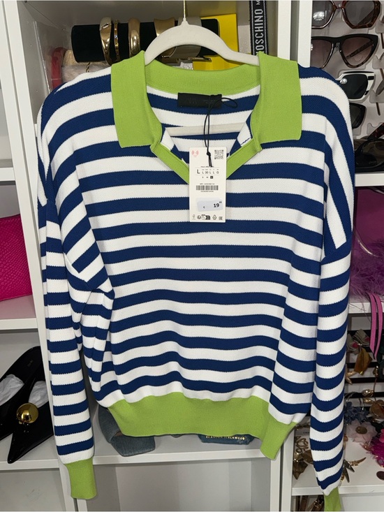 Zara Sweaters - Zara Navy & White Striped Crewneck Sweater with Lime Trim